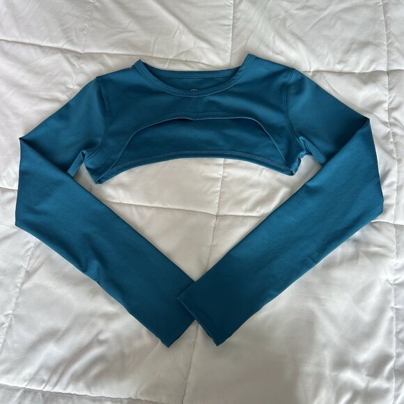 Move Theology Tops - Move Theology Womens Large Long Sleeve Teal Cut Out Crop Top Gym Yoga Workout